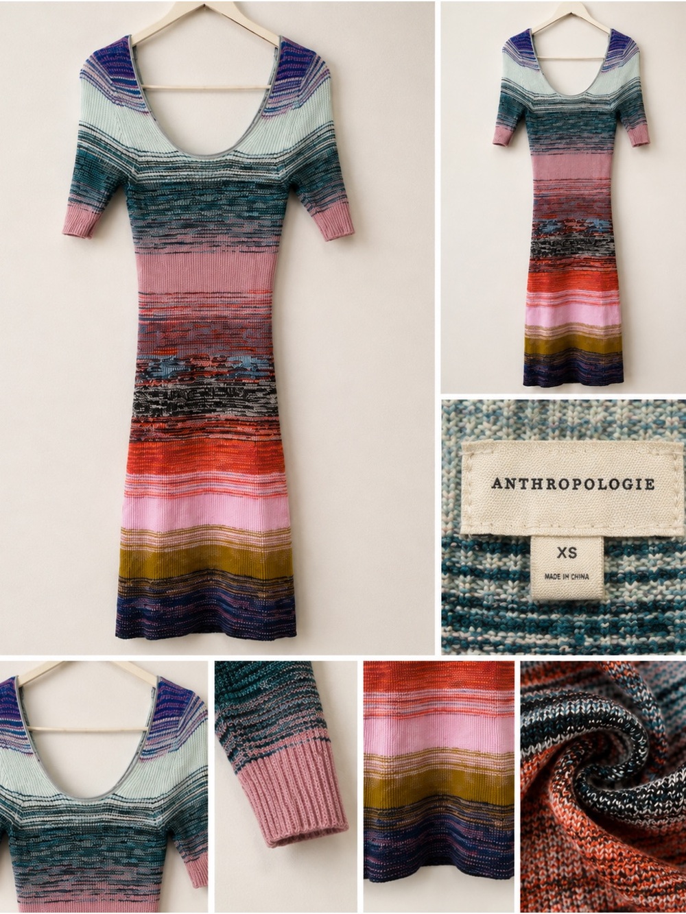 Anthropologie Multicolor Striped Scoop-Neck Knit Midi Dress